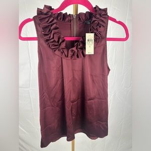 New Burgandy Wine Ann Taylor Sleeveless Satin Zip Close Ruffled Sleeveless Shell